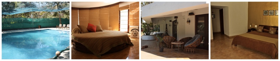 the swimming pool, bedroom with circular bed, outdoor verandah and another room