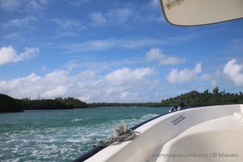 Making our way to Ile aux Cerfs by speedboat.